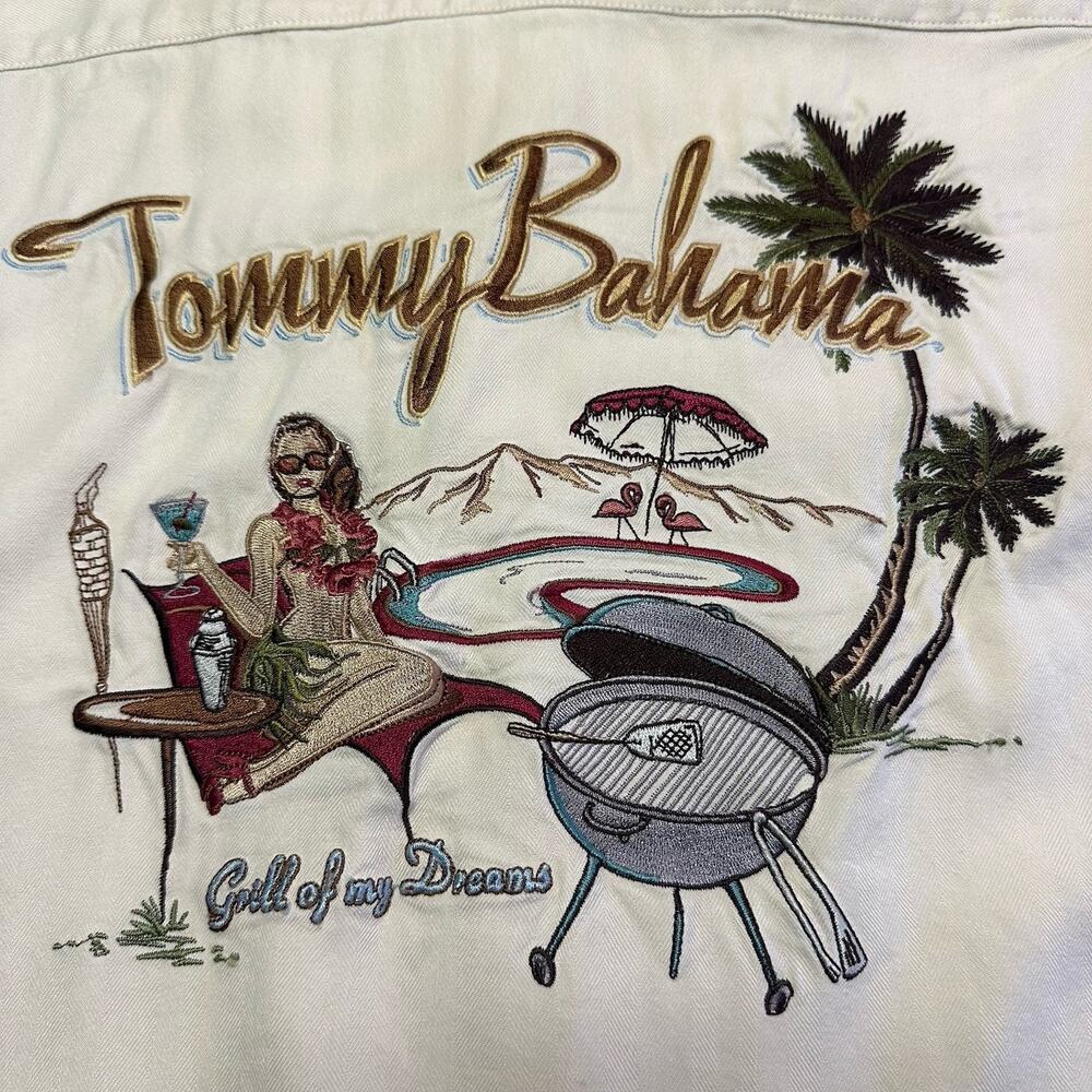 Tommy Bahama Men XL Silk Embroidered "Grill of my dreams" Cream lightweight - Picture 11 of 14